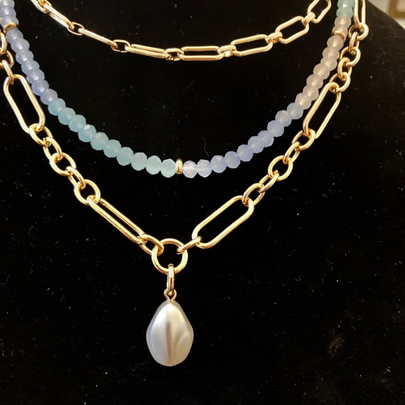 Chic Gold and Blue Beaded Necklace by 0N 34th multi layer all in one. Statement - Picture 8 of 10